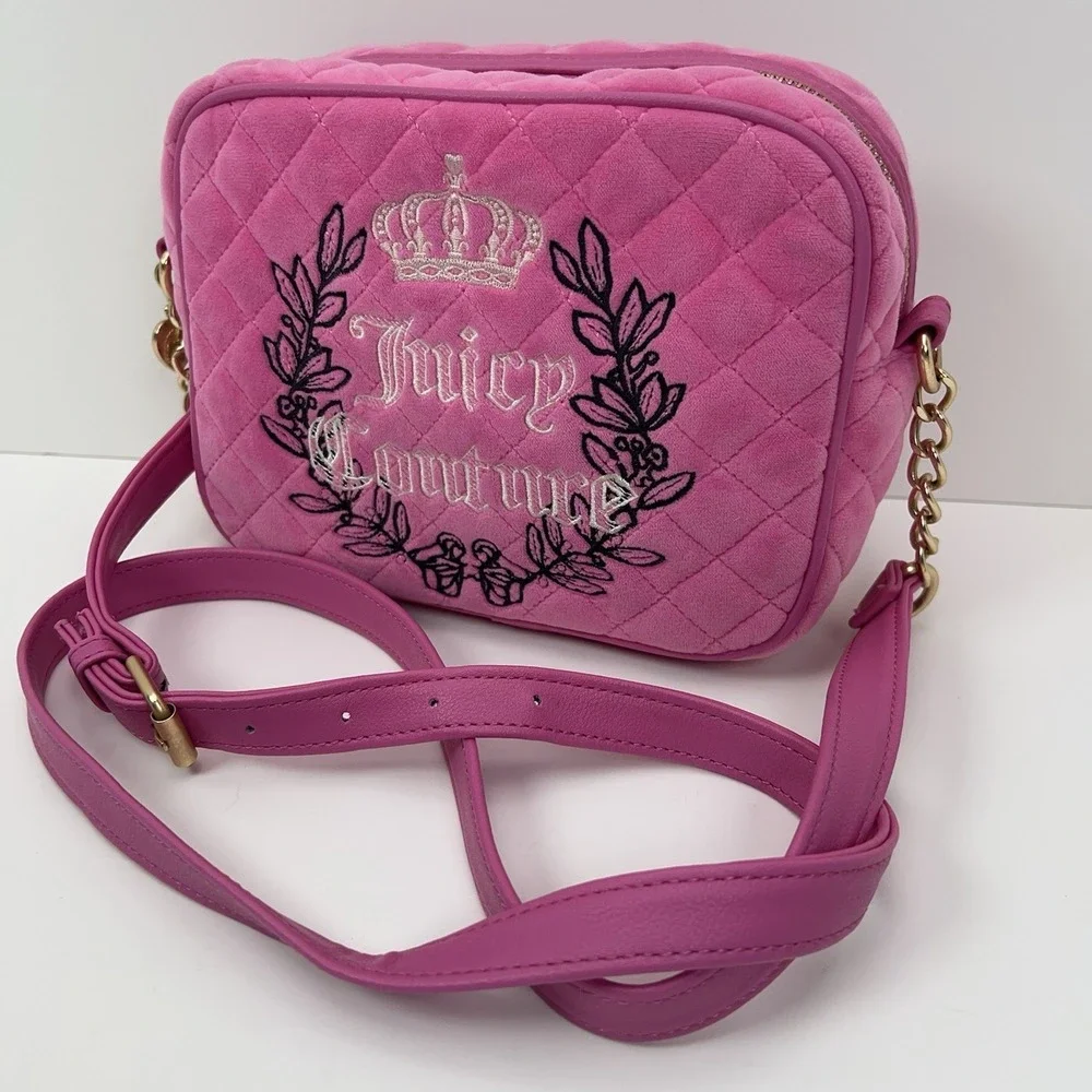 JUICY COUTURE Royal Couture Velour‎ Crossbody Bag Hot Pink Quilted Gold Link Y2K